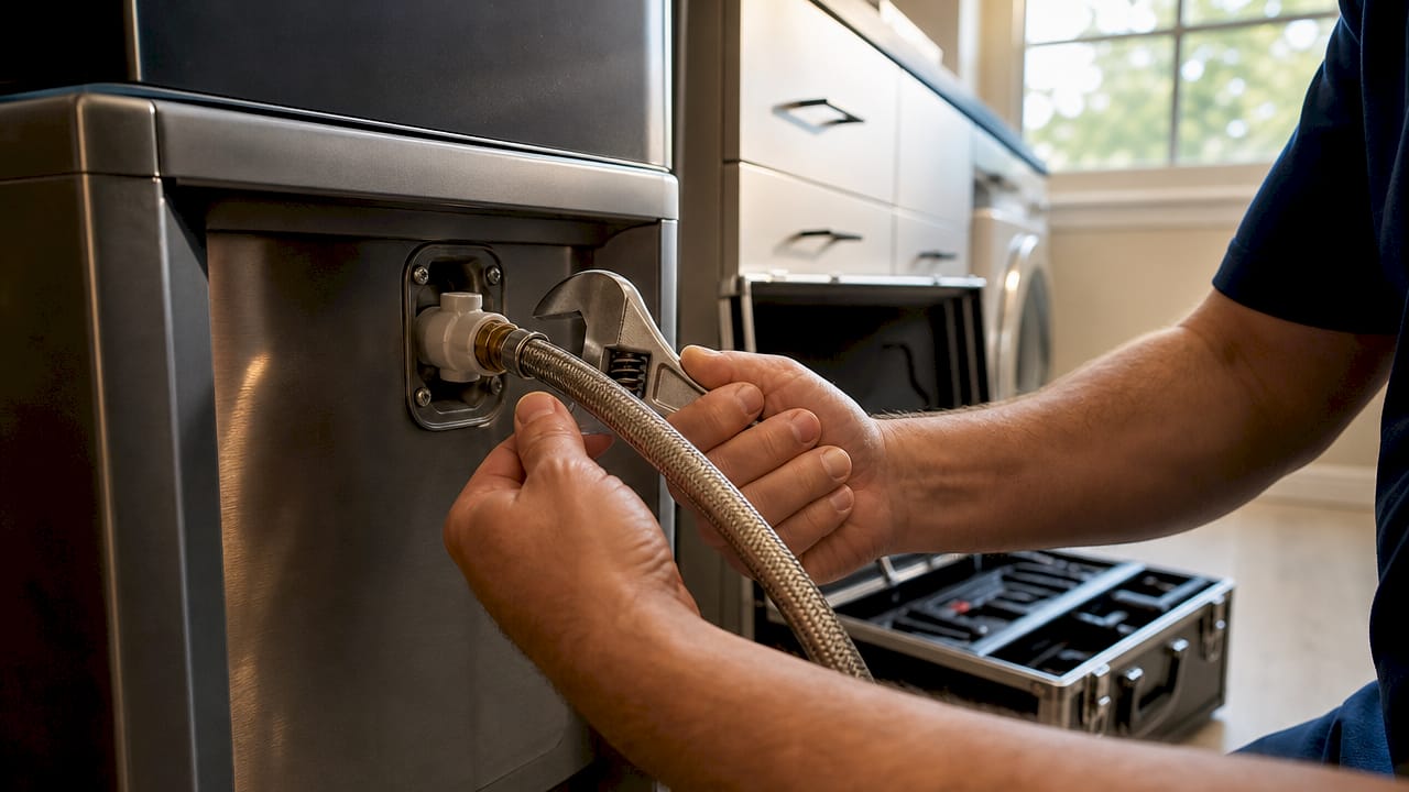Hands tightening braided water supply line to ice machine