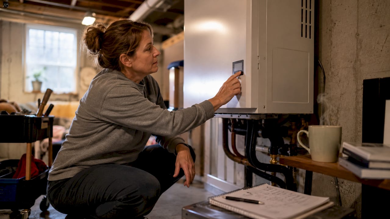 Homeowner inspecting heat pump indoor unit