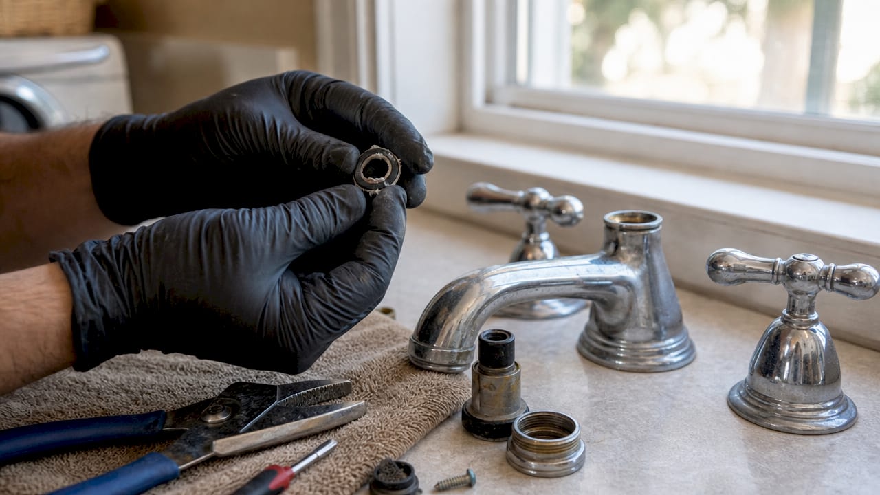 Close-up hands inspecting faucet washer parts