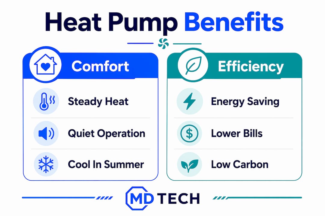 Infographic comparing comfort and efficiency benefits of heat pumps