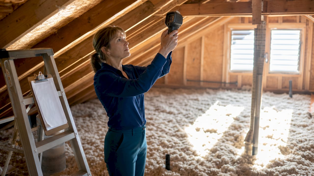 Home energy auditor inspecting attic insulation