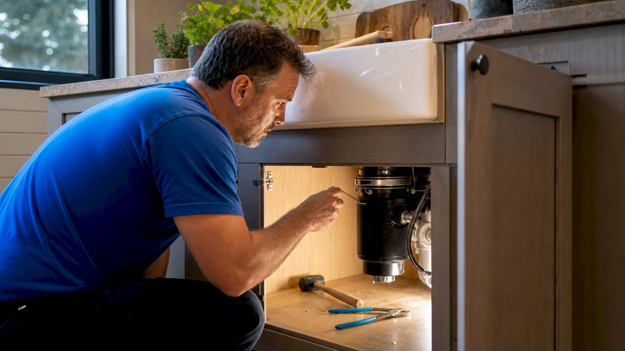Homeowner fixing jammed garbage disposal under sink
