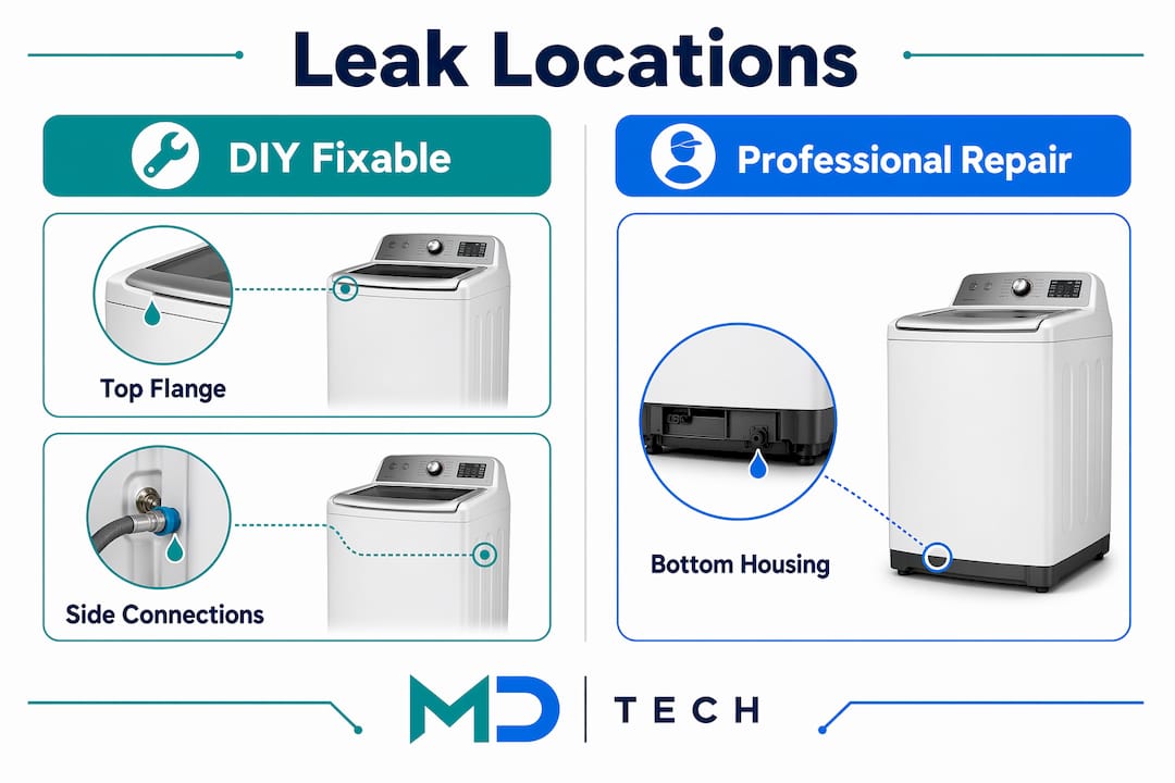 Infographic showing garbage disposal leak locations and fixes