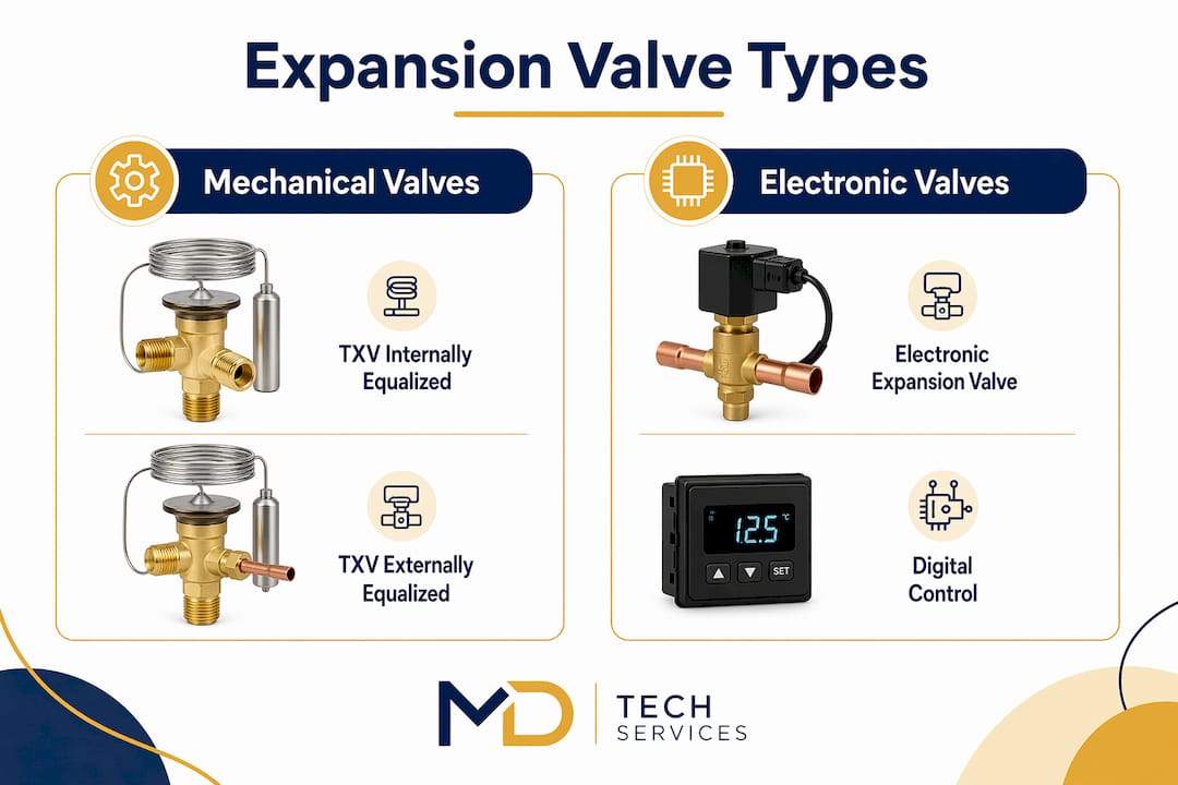 Infographic comparing expansion valve types mechanical vs electronic