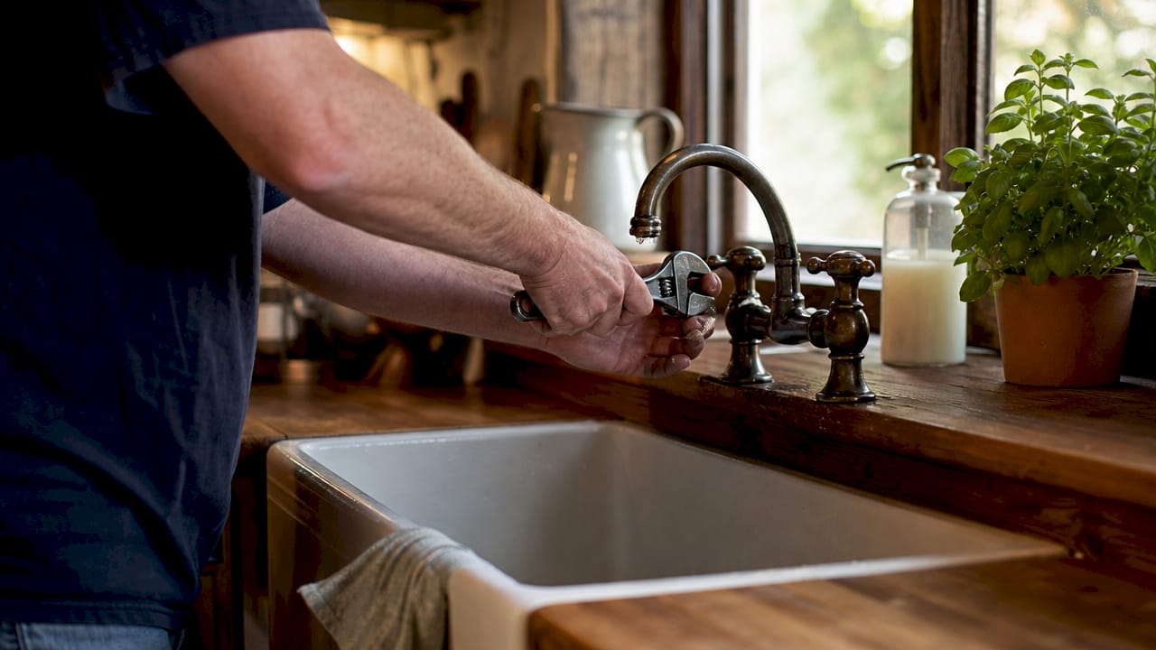 Close-up of hands fixing leaking faucet
