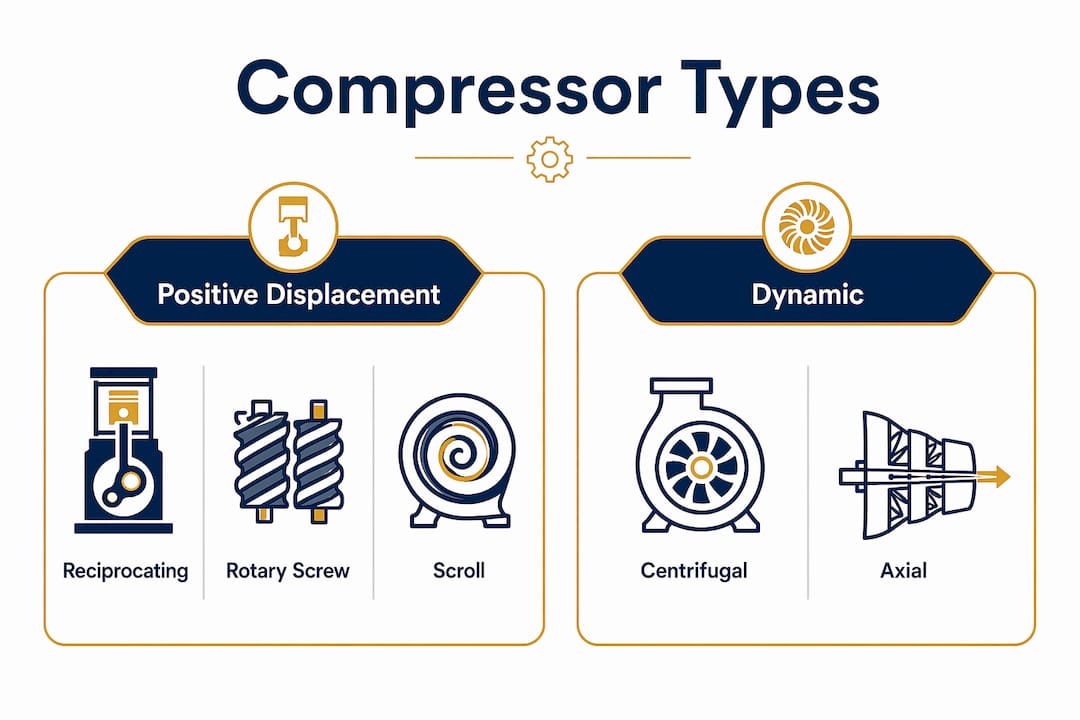 Infographic comparing positive displacement and dynamic compressors