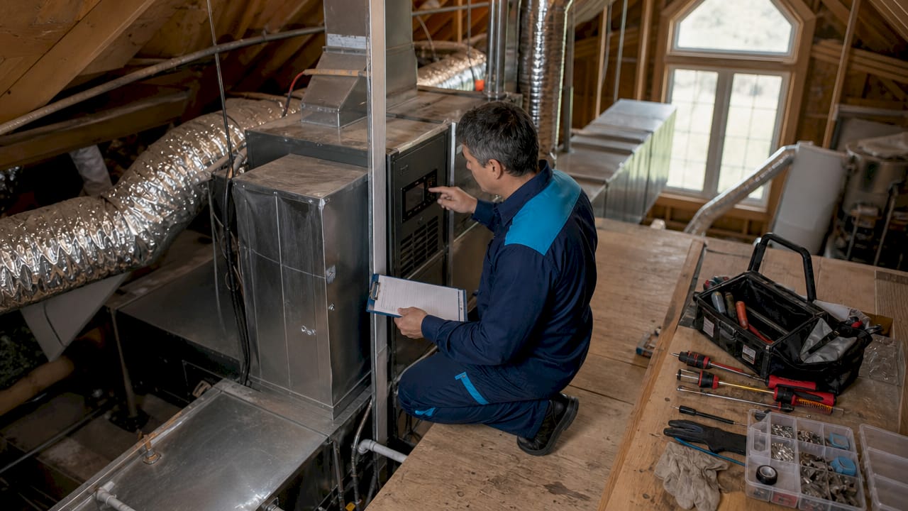 HVAC technician replacing filter during maintenance