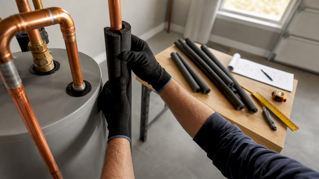 Hands fitting insulation on new water heater pipe
