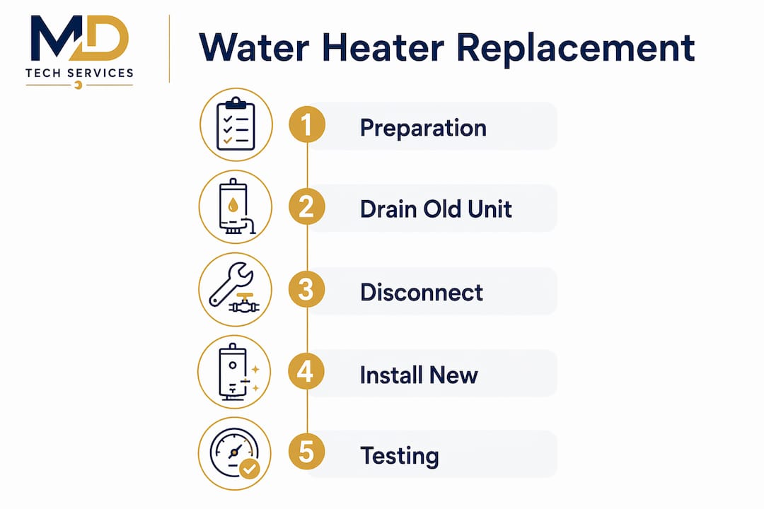 Infographic showing steps to replace water heater