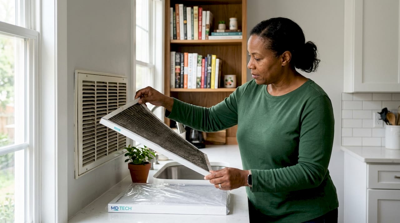 Homeowner replacing dirty HVAC air filter