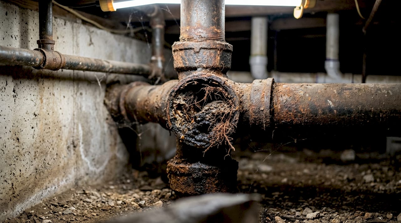 Close-up of grease and roots clogging drain pipe