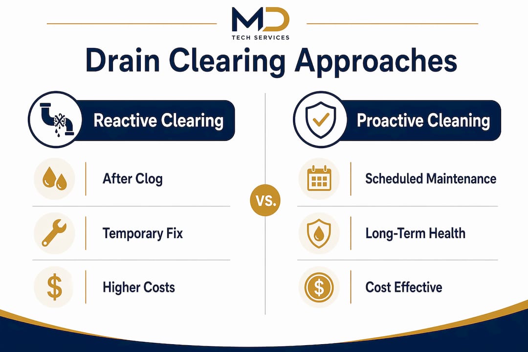 Infographic comparing reactive and proactive drain clearing