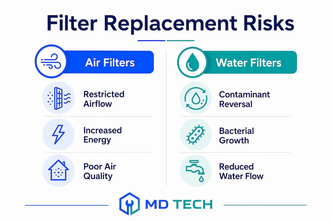 Infographic comparing air and water filter replacement risks