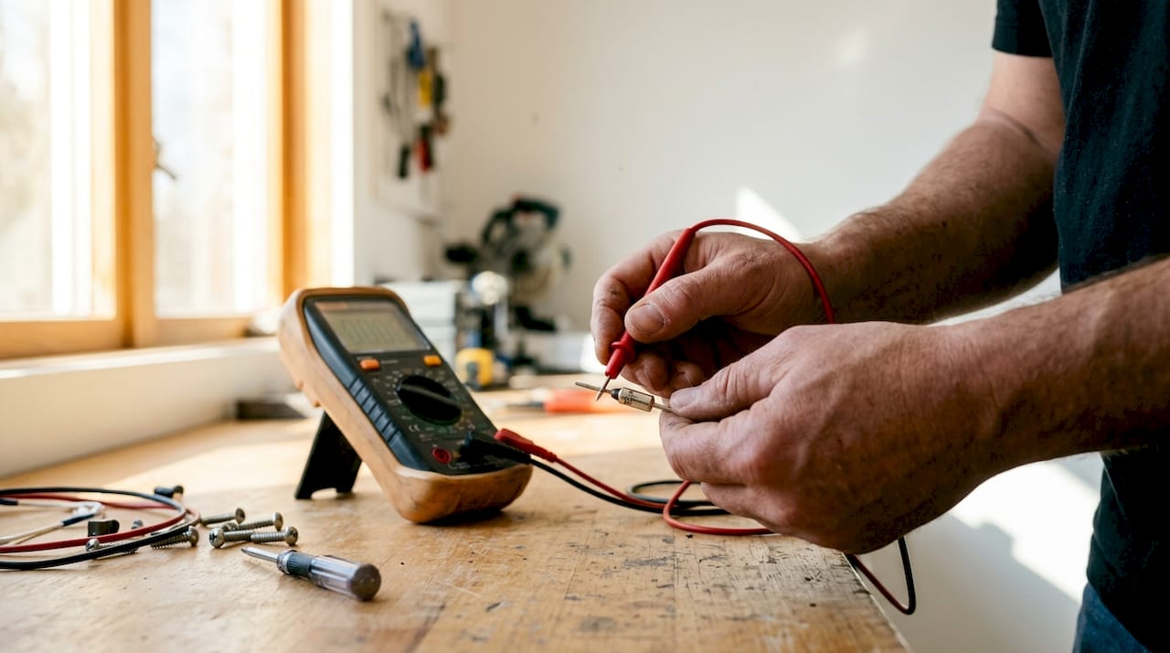 Close-up hands testing dryer thermal fuse with multimeter