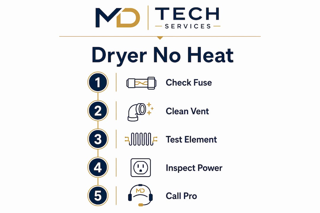 Infographic illustrating steps to fix dryer heating problems