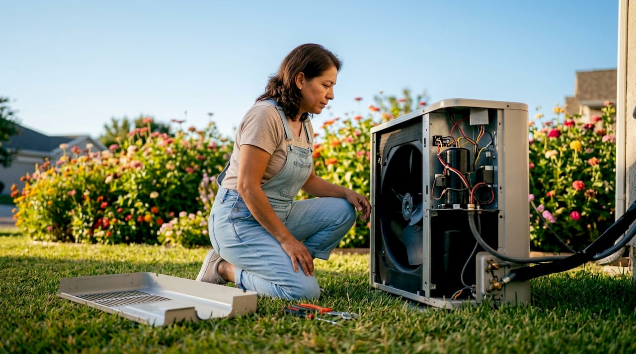 Homeowner checking outdoor heat pump unit