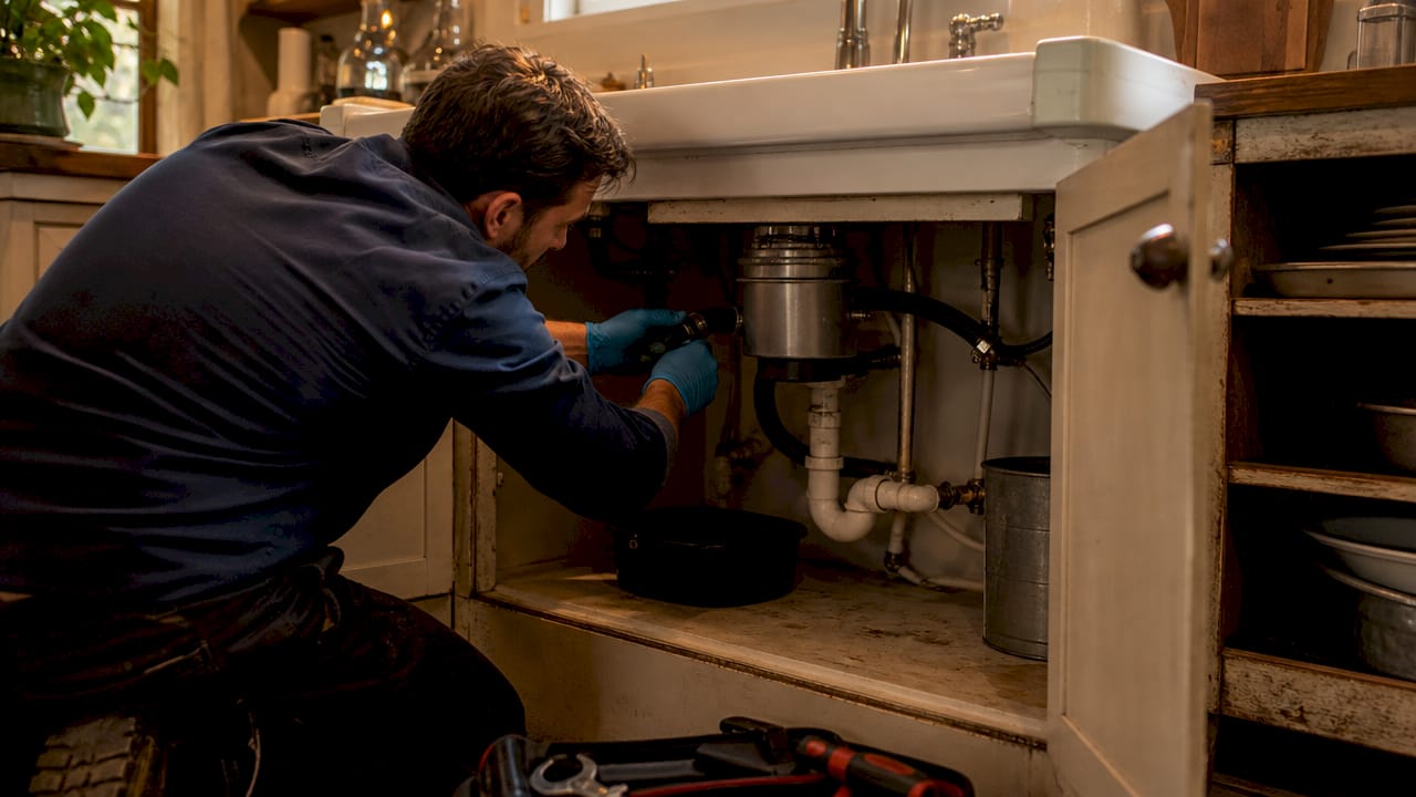 Plumber checking dishwasher hose at garbage disposal
