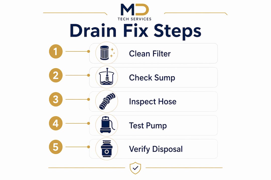 Infographic showing dishwasher drainage fix steps