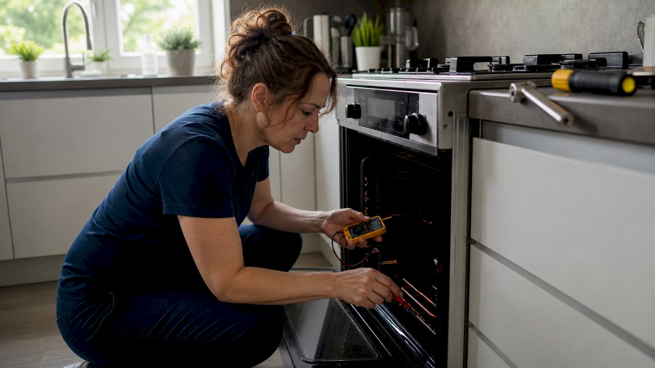 Woman testing oven element with tools