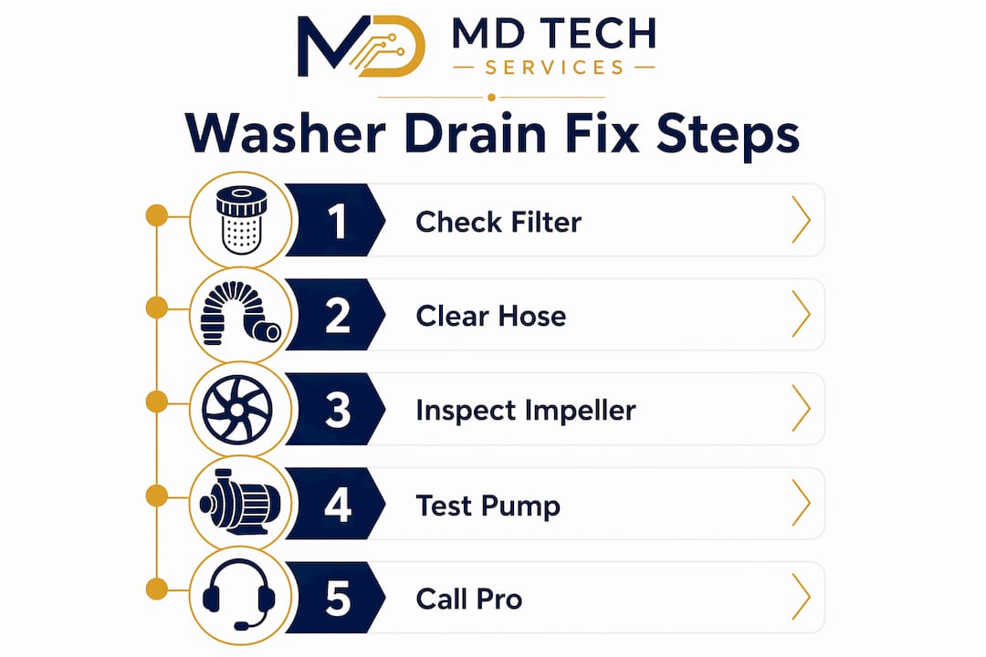 Infographic showing step-by-step washer drain fix process