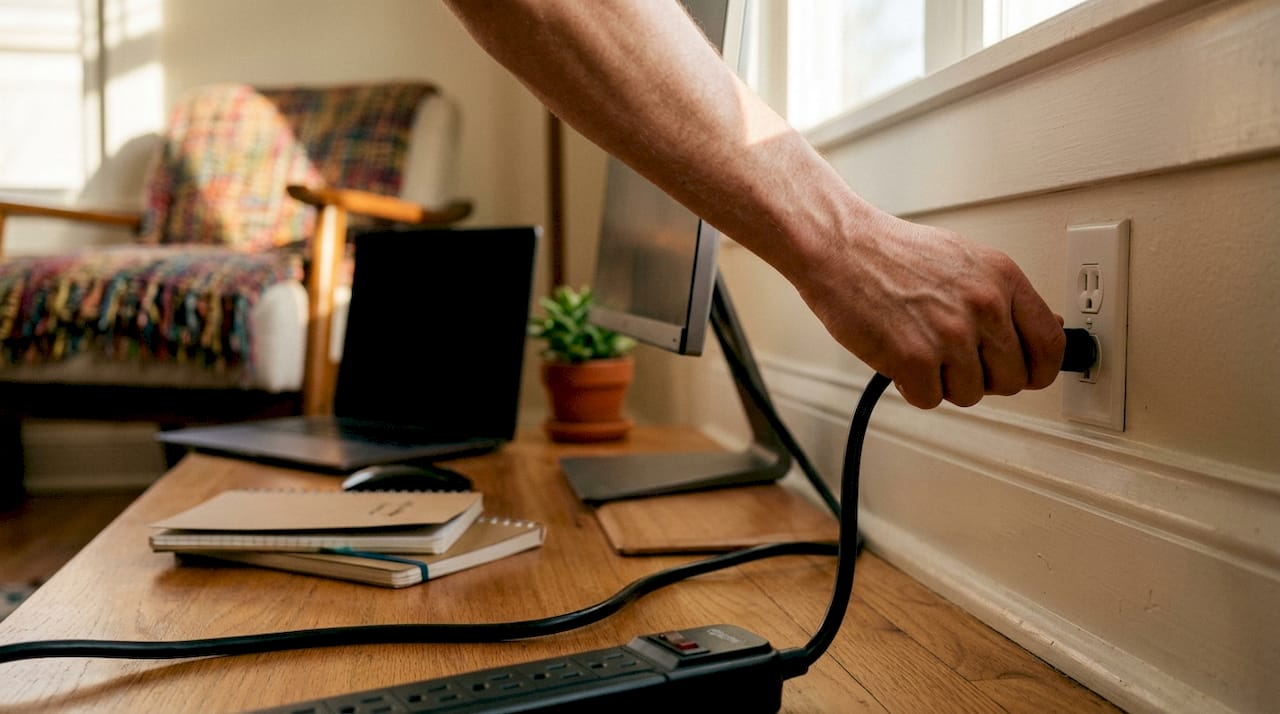 Hand plugging surge protector into outlet in living room