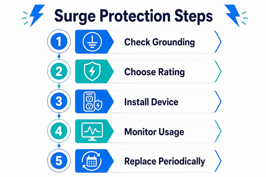 Infographic showing steps to use and maintain surge protectors