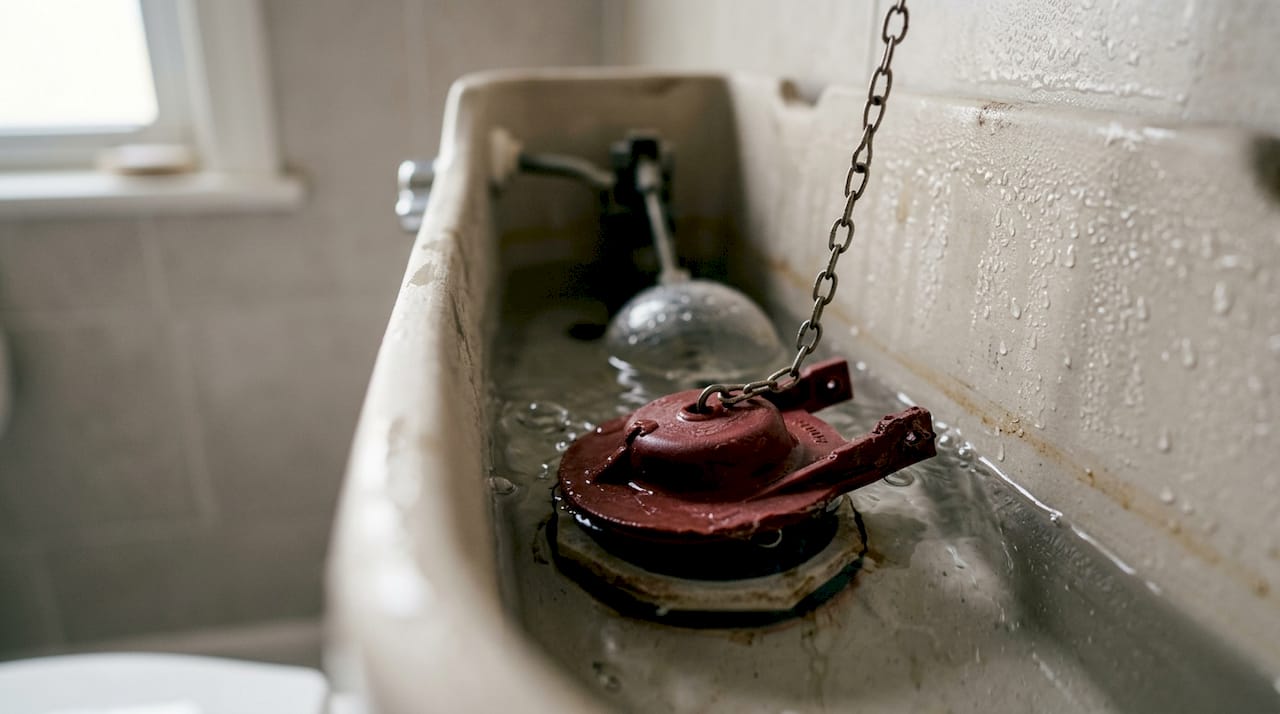 Close-up of toilet flapper valve in tank