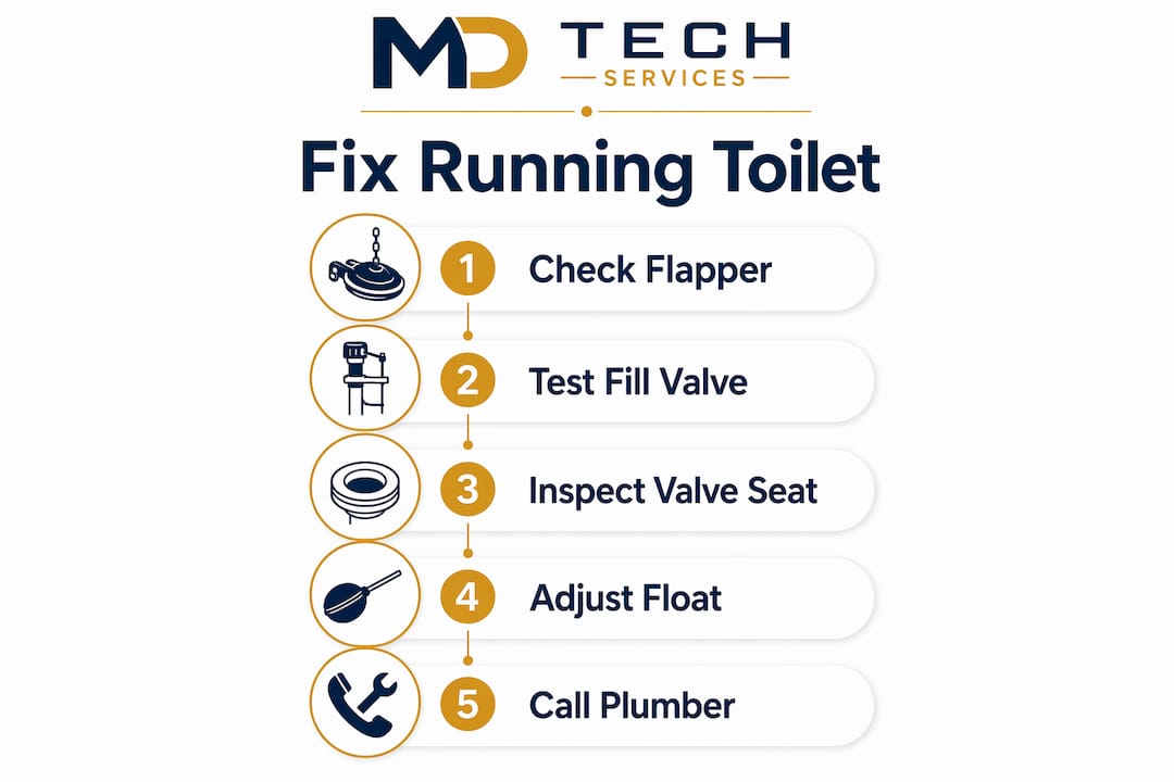 Infographic showing step-by-step running toilet fix process