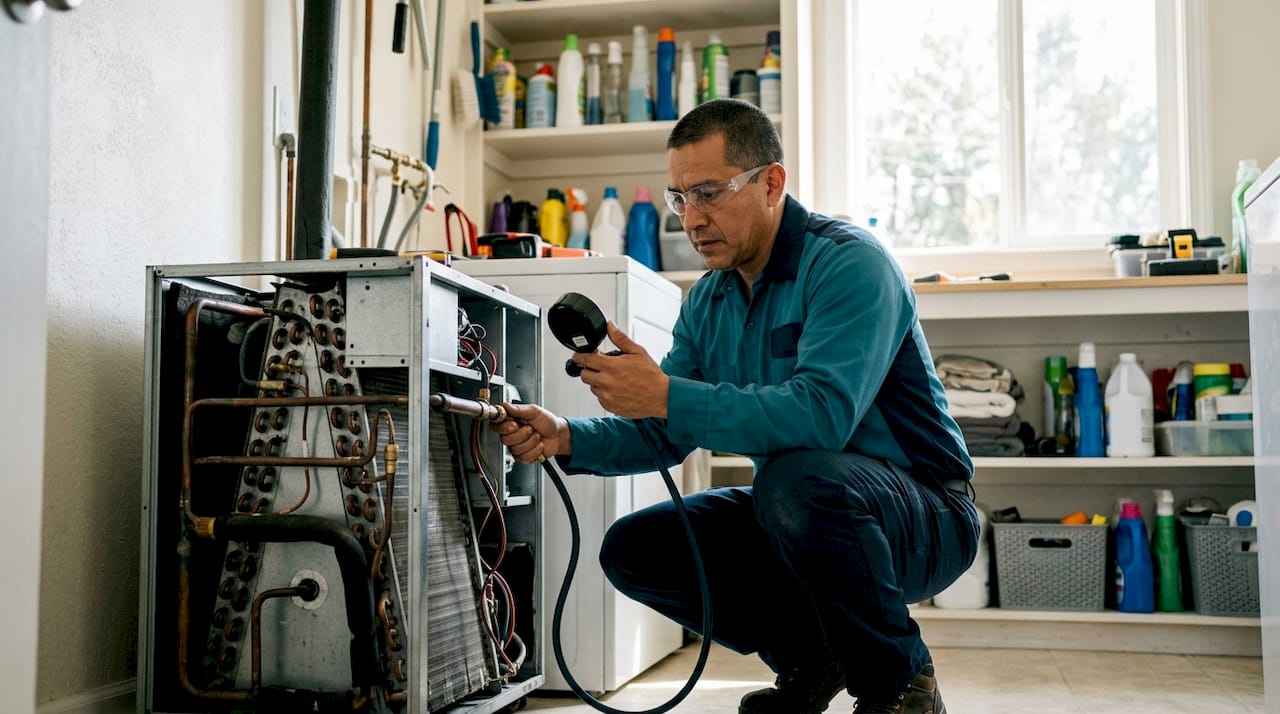 Technician inspecting home heat exchanger unit