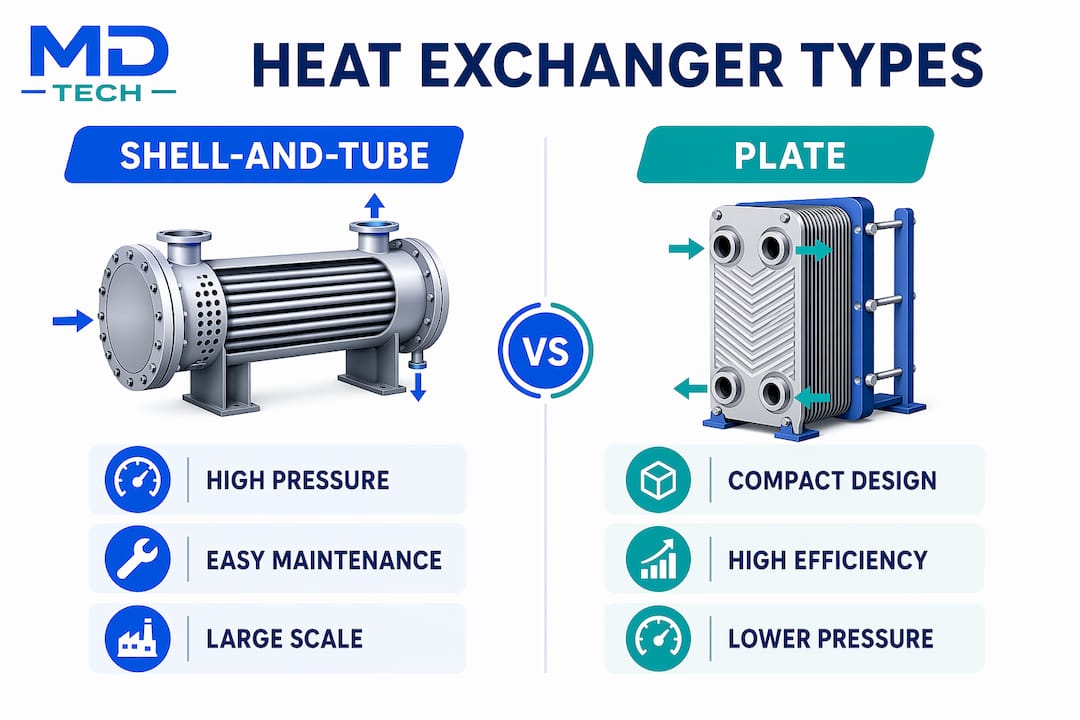 Infographic comparing shell-and-tube vs plate heat exchangers