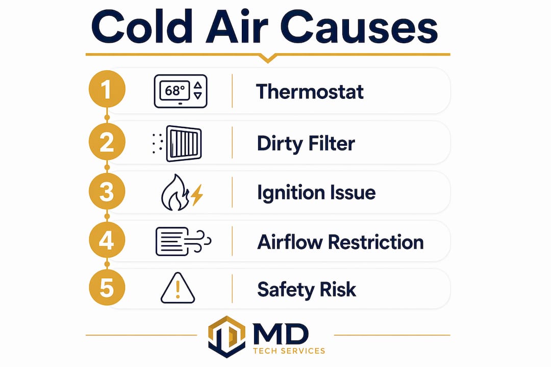 Infographic showing top causes of furnace blowing cold air