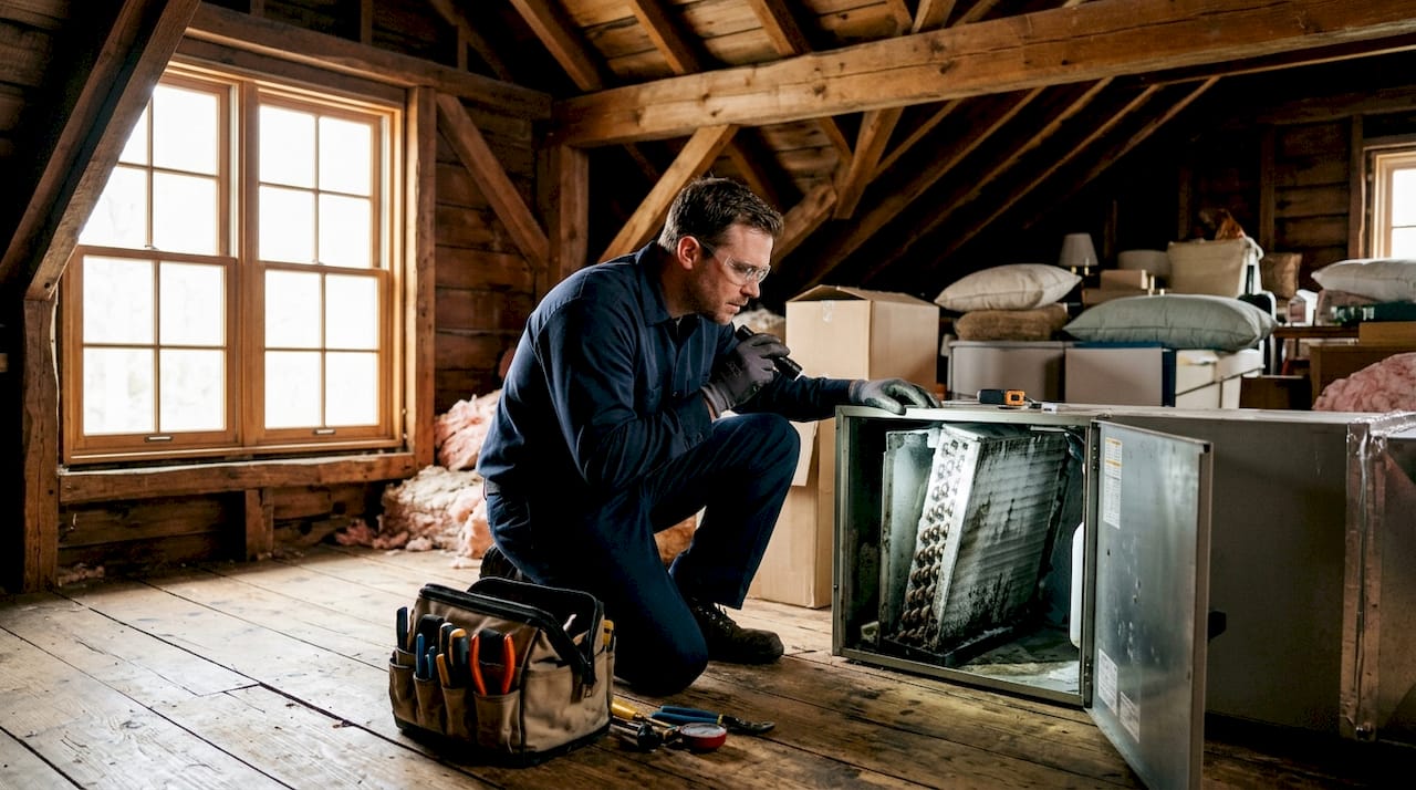 Technician handling frozen evaporator coil indoors