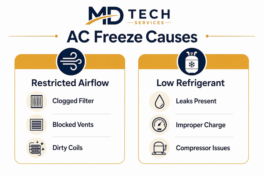 Infographic comparing AC freezing causes