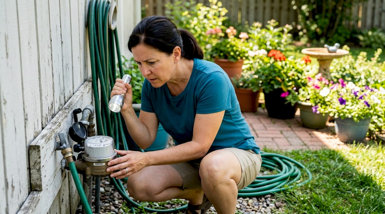 Homeowner reading water meter outside house