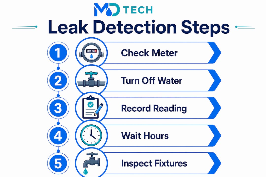 Infographic illustrating plumbing leak detection steps in vertical flow