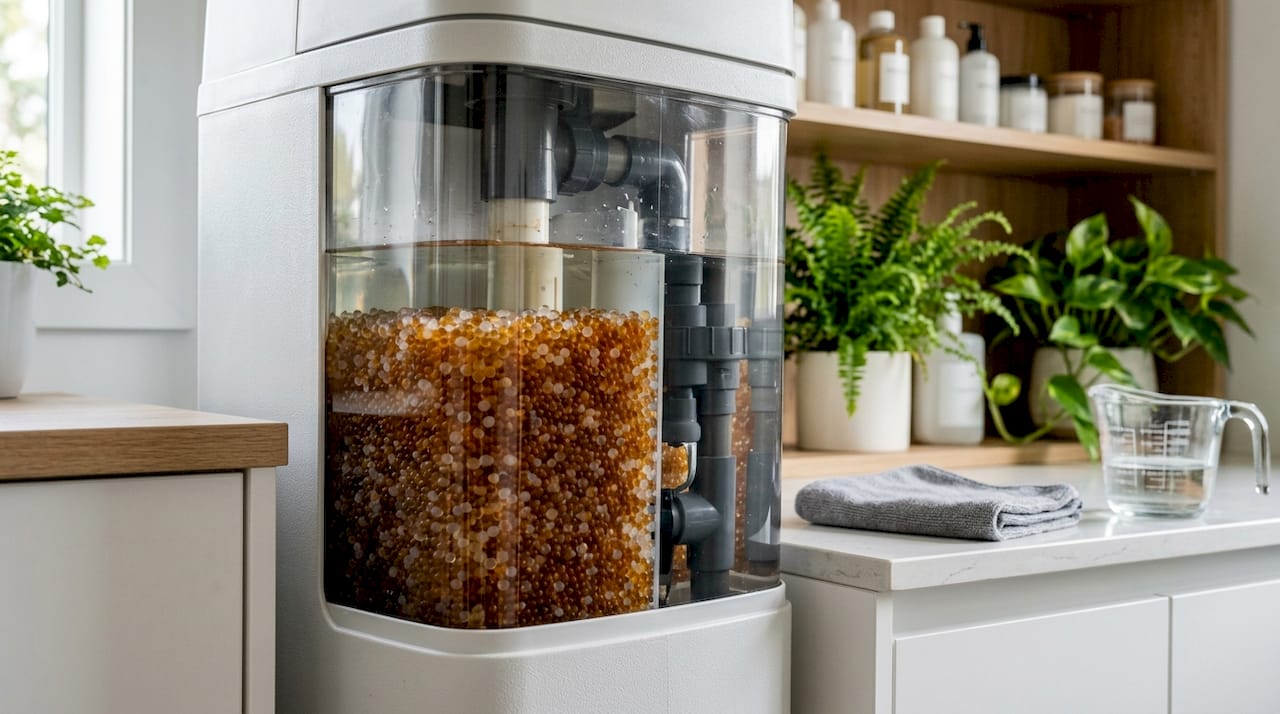 Close-up of water softener resin tank beads