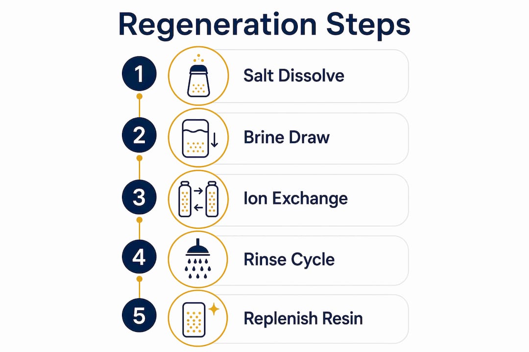 Infographic showing water softener regeneration steps