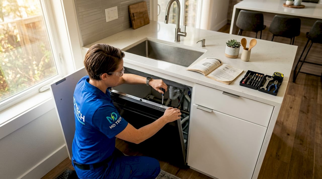 Technician installing dishwasher in kitchen