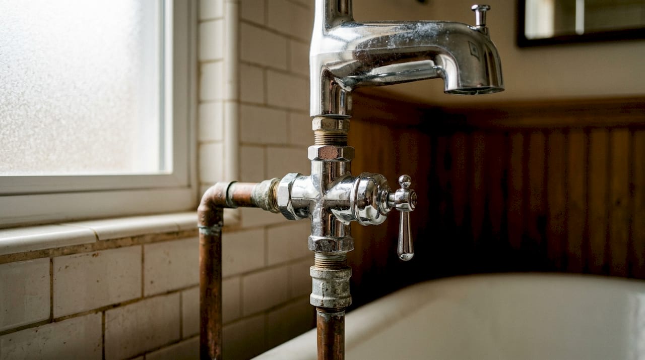 Close-up of diverter valve in home plumbing