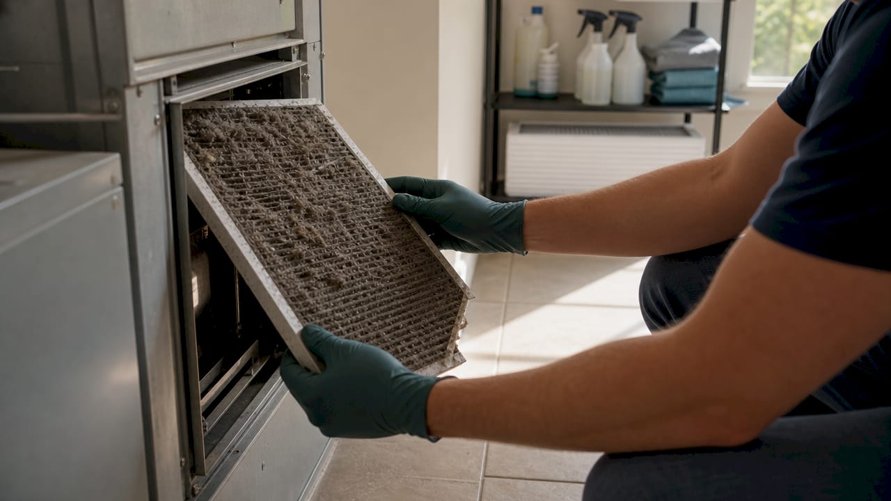 Hands removing dirty furnace air filter