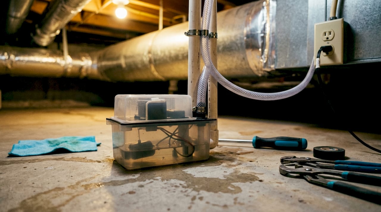 Condensate pump under HVAC unit in basement