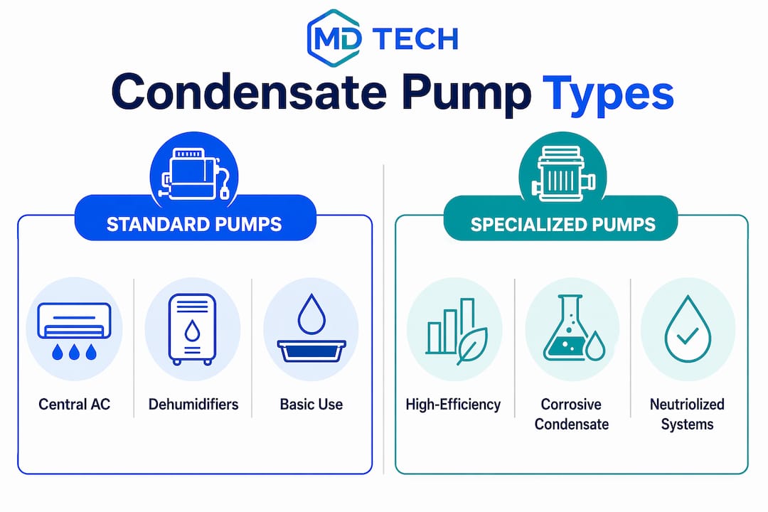 Infographic comparing two types of condensate pumps and their uses