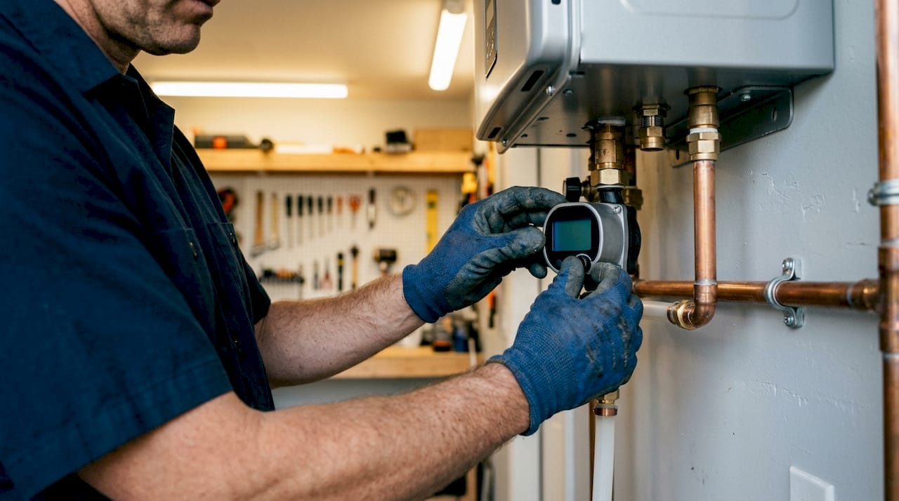 Plumber adjusting flow meter on tankless water heater