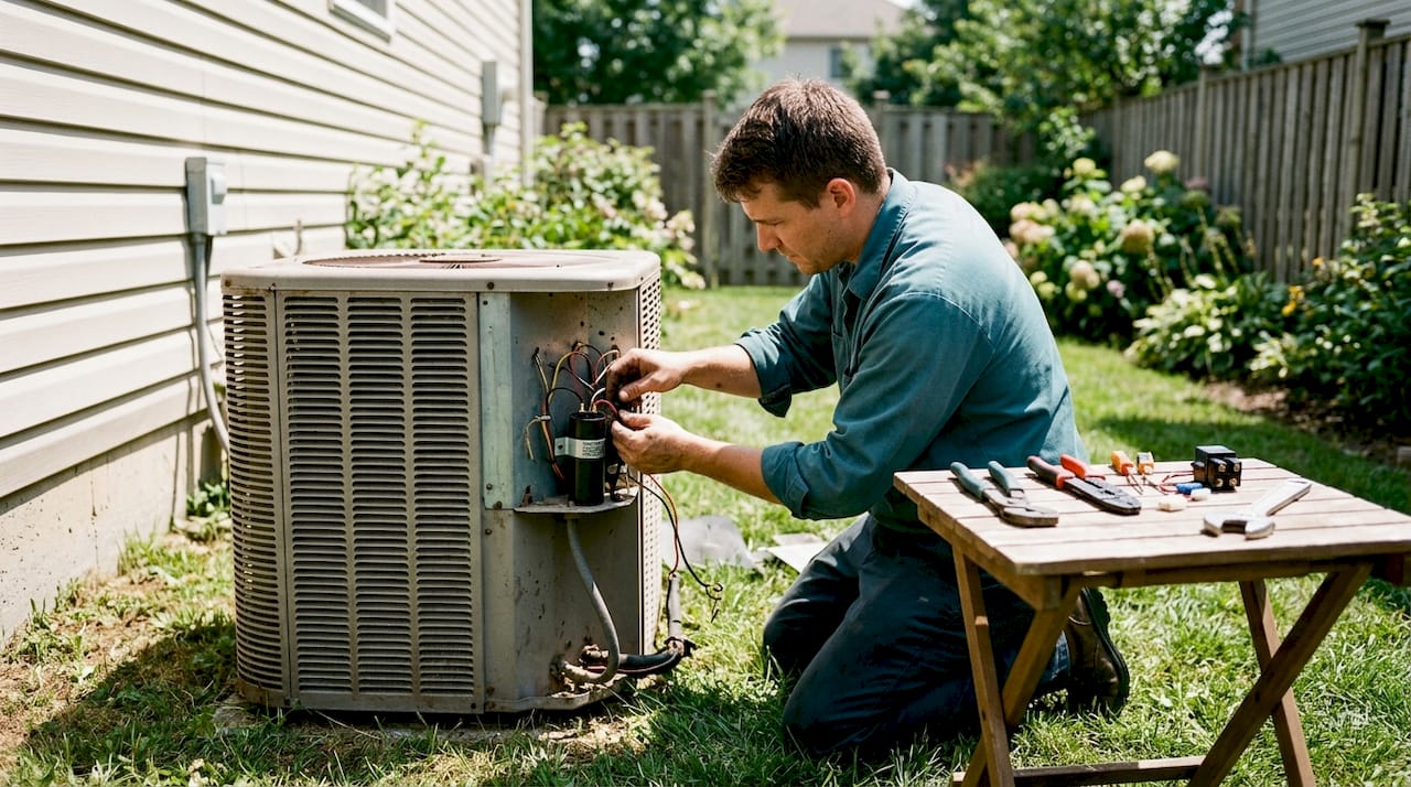 Technician installing hard start kit outdoors