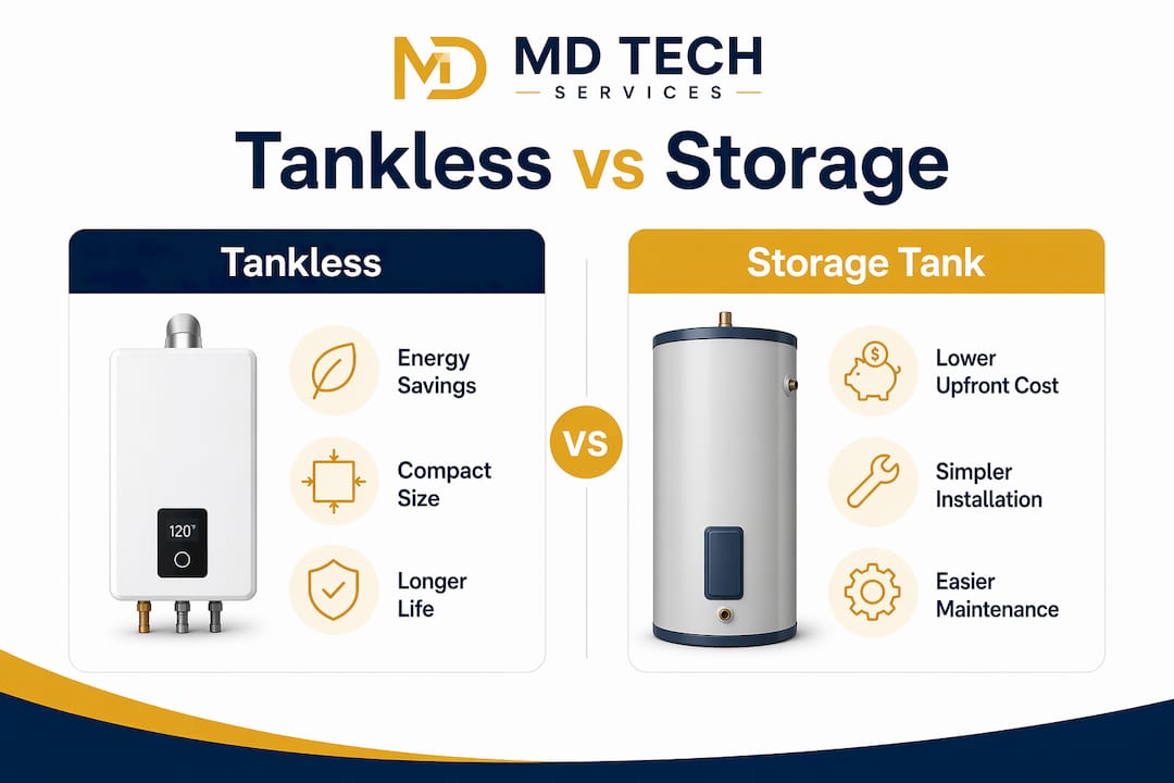 Infographic comparing tankless and storage water heaters