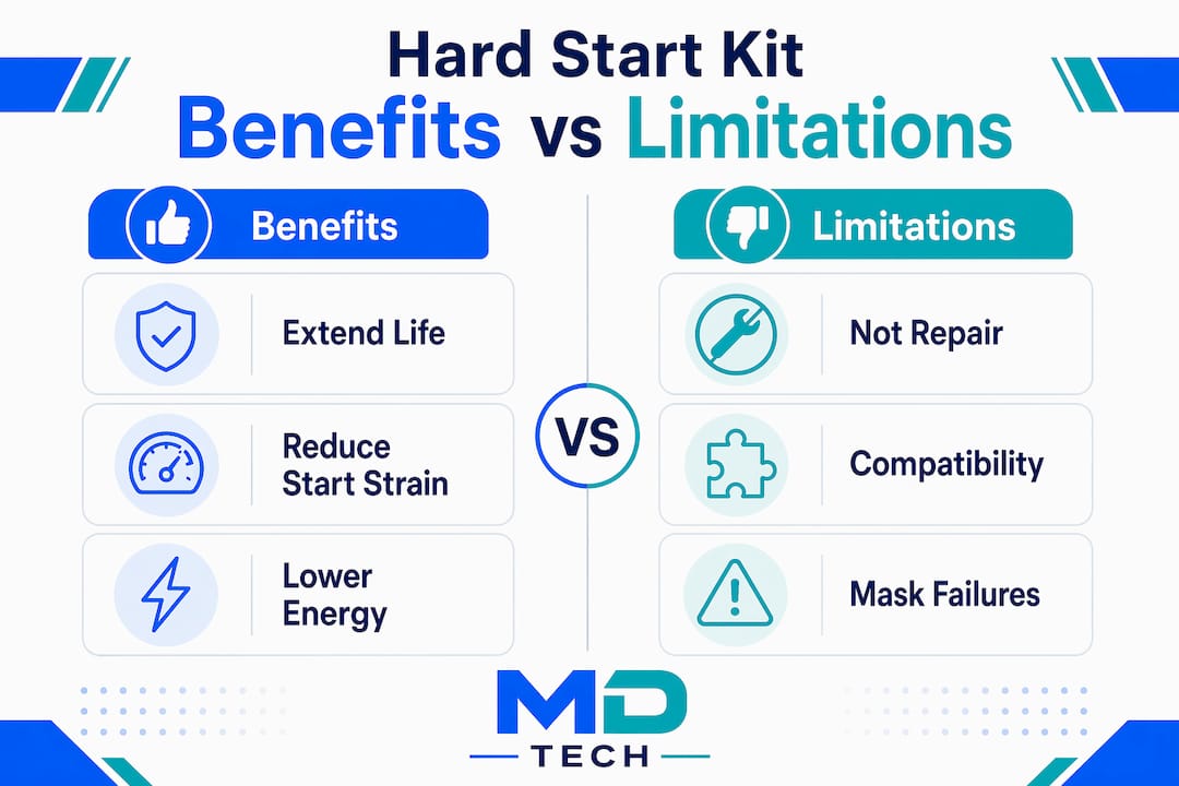 Infographic comparing benefits and limitations of hard start kits