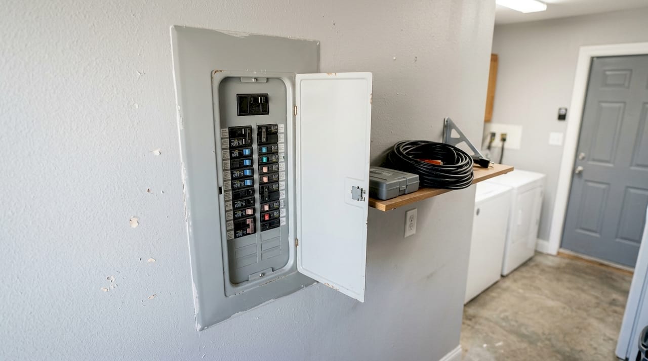 Open residential electrical panel with circuit breakers
