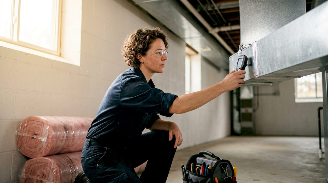 HVAC professional measuring airflow in attic ductwork