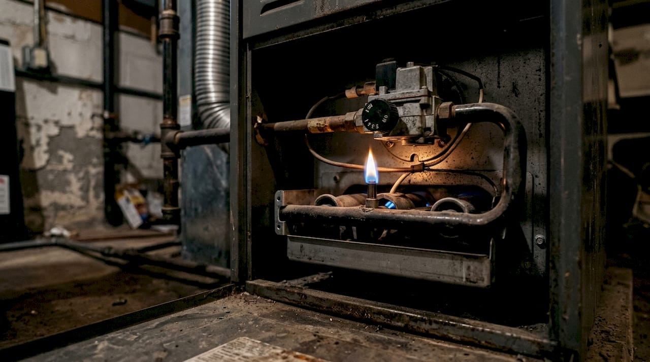 Close-up of pilot light flame inside gas appliance