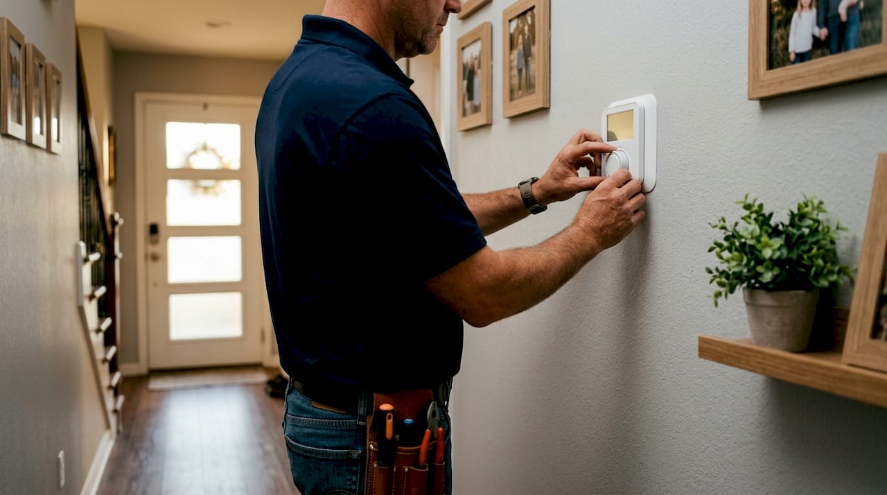 Technician adjusting thermostat controls indoors